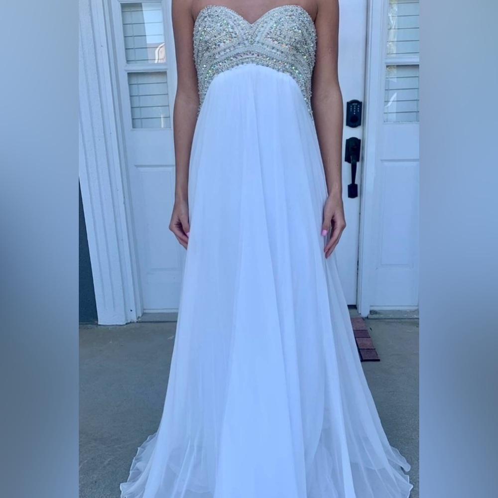 Jovani prom Strapless White Gown embellished with Silver Accents